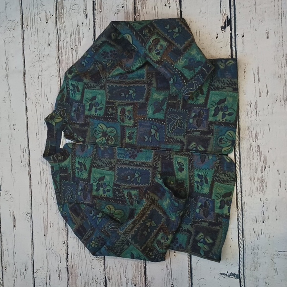 Coldwater Creek Blue Green Floral Print Zip Up Jacket L